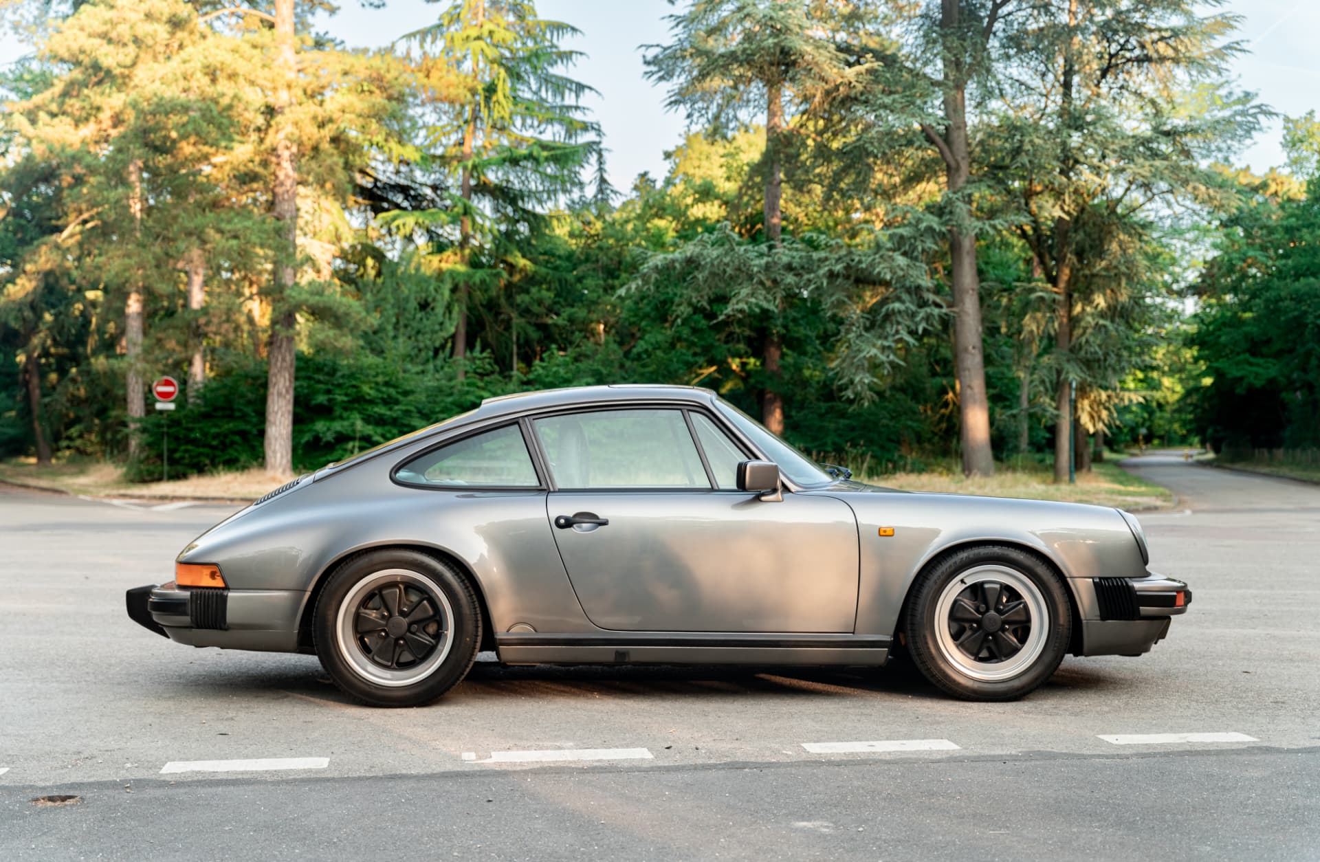Classic Porsche 911 in profile in a wooded park
