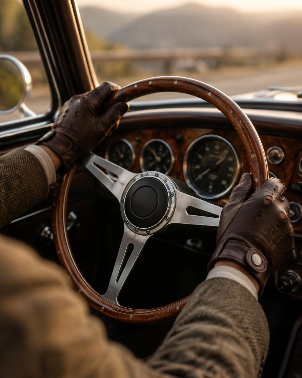 Gloved hands on the wooden steering wheel of a classic car